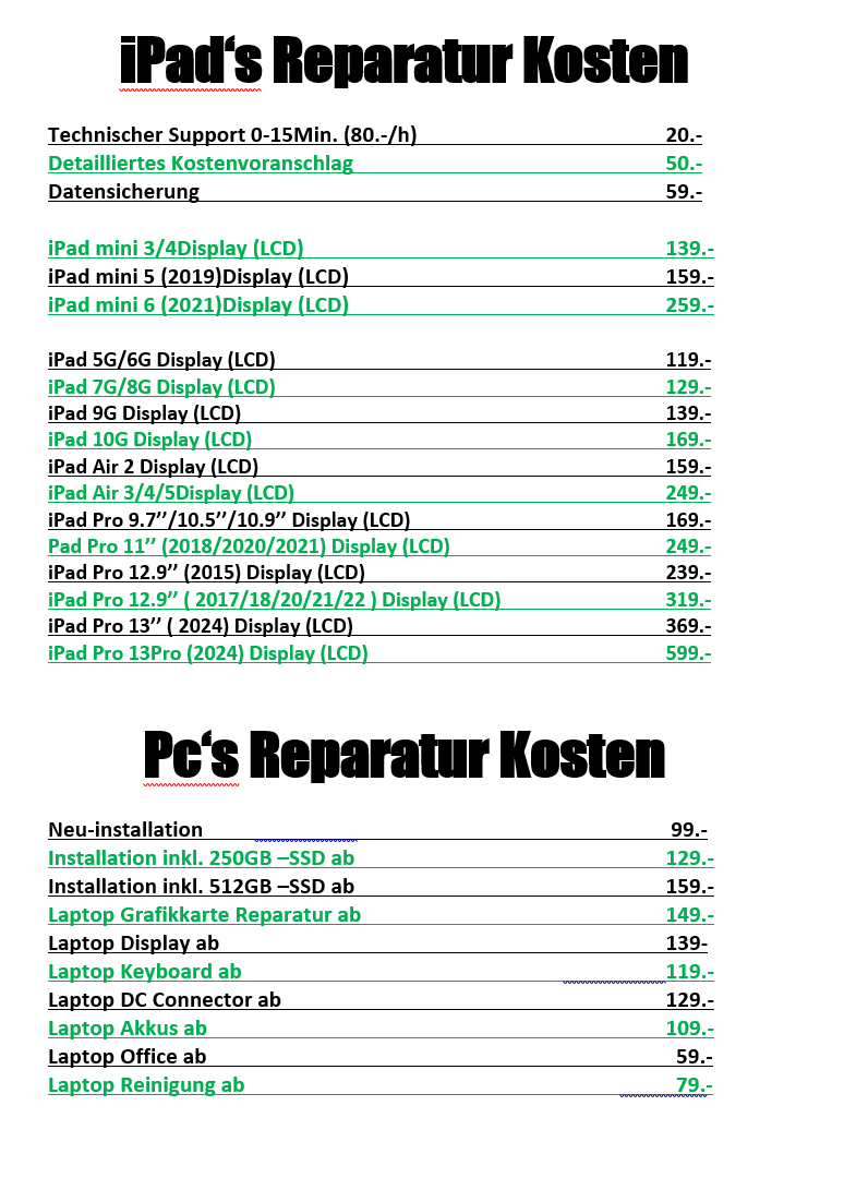 iPad & PC Reparatur Preisliste