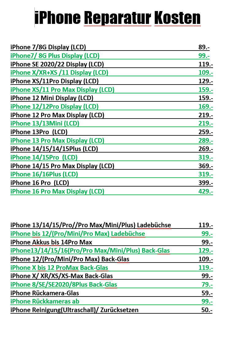 iPhone Reparatur Preisliste
